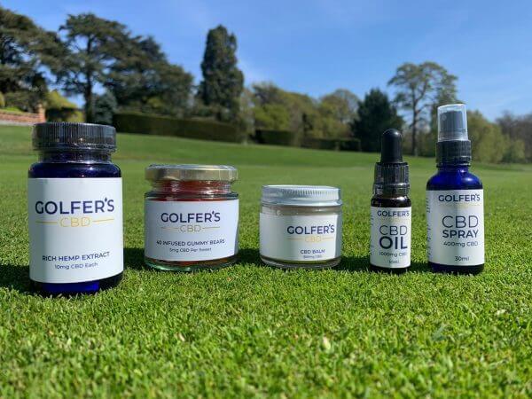 Golfers CBD product range sat on fresh cur golf grass